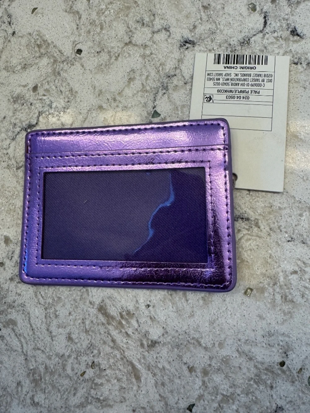 Target brand metallic purple faux leather card holder with clear id window